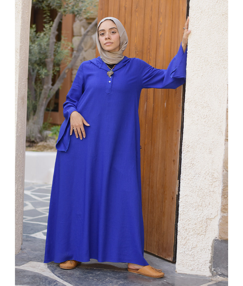 Electric Blue Linen Dress with Hoodie handmade in Egypt & available at Jozee Boutique.