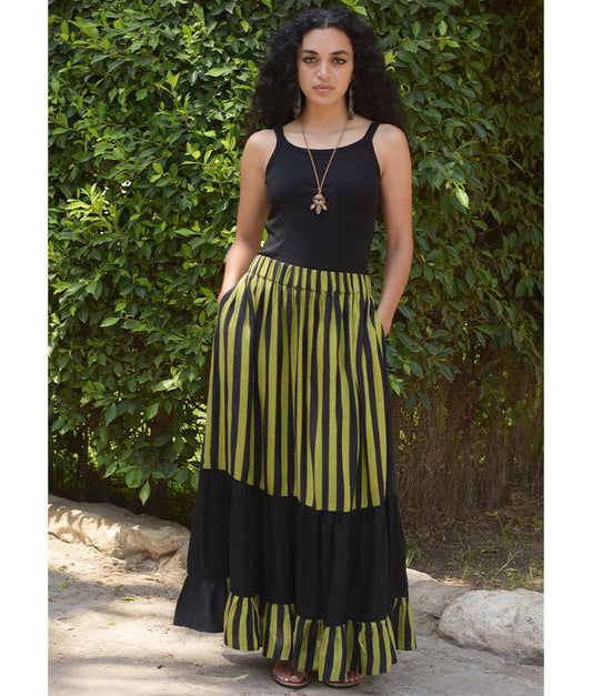 Black & Lime Green Handwoven Ruffle Skirt handmade in Egypt & available at Jozee Boutique.