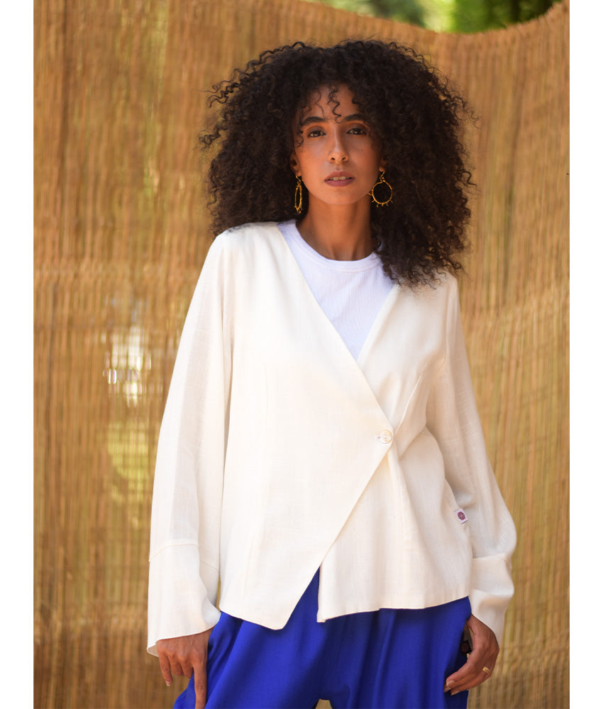 Off White Linen Printed El Mahrousa Wrap Jacket