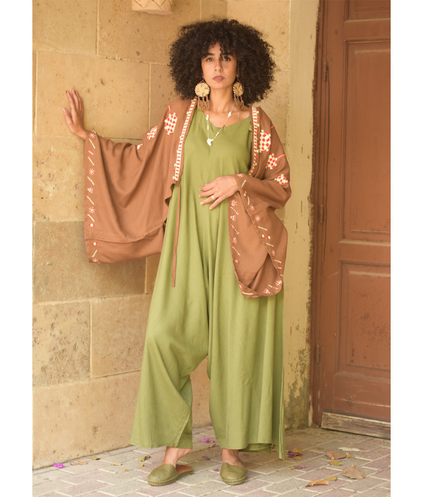 Cinnamon Brown Siwa Embroidered Linen Bolero made in Egypt & available at Jozee Boutique.