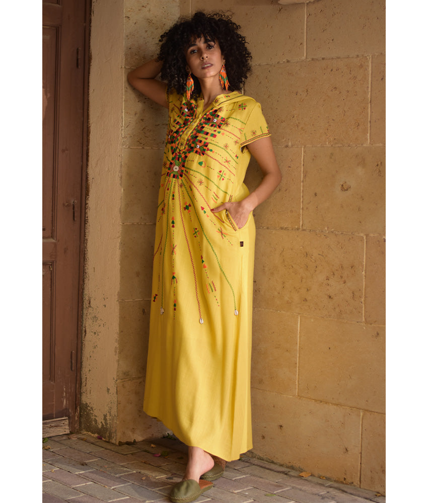 Mustard Siwa Heavily Embroidered Linen Dress with Hoodie handmade in Egypt & available at Jozee Boutique.