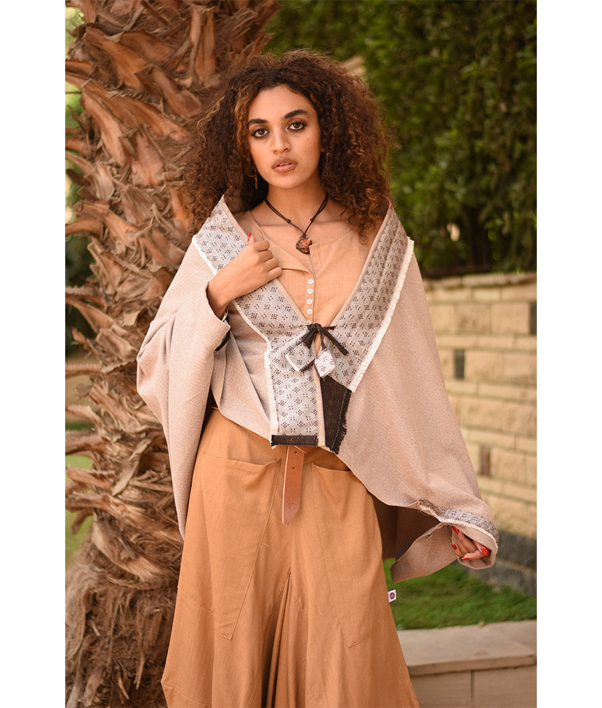 Beige Thin Wool Bolero with Silk & Cotton Loom Woven Patches handmade in Egypt & available at Jozee Boutique.