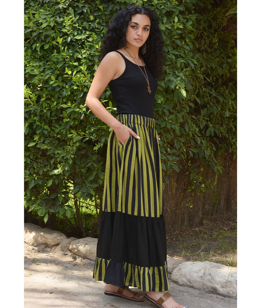 Black & Lime Green Handwoven Ruffle Skirt handmade in Egypt & available at Jozee Boutique.