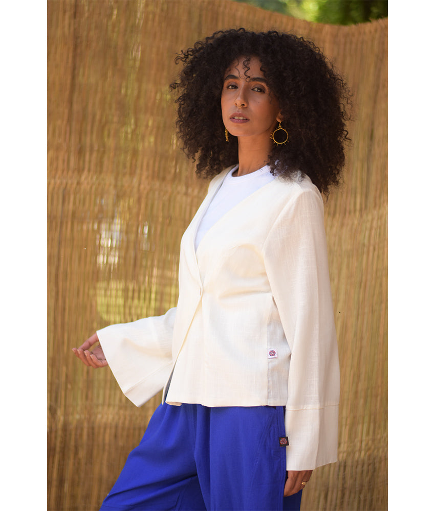 Off White Linen Printed El Mahrousa Wrap Jacket
