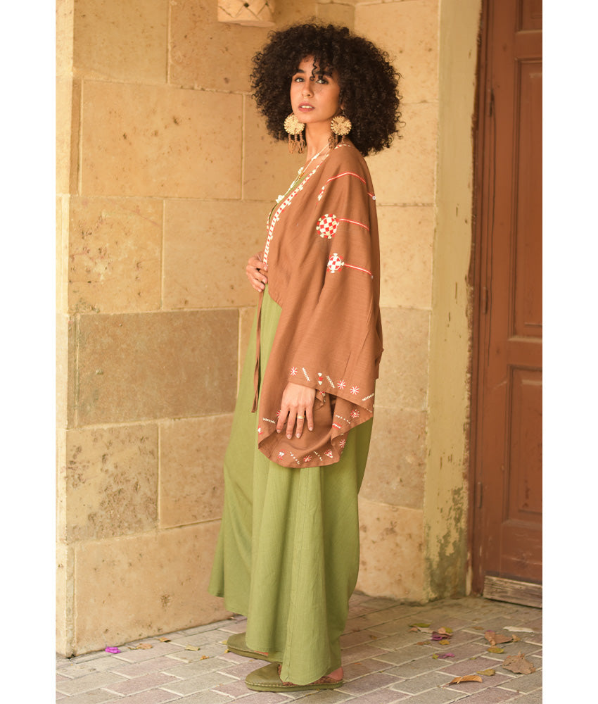 Cinnamon Brown Siwa Embroidered Linen Bolero made in Egypt & available at Jozee Boutique.