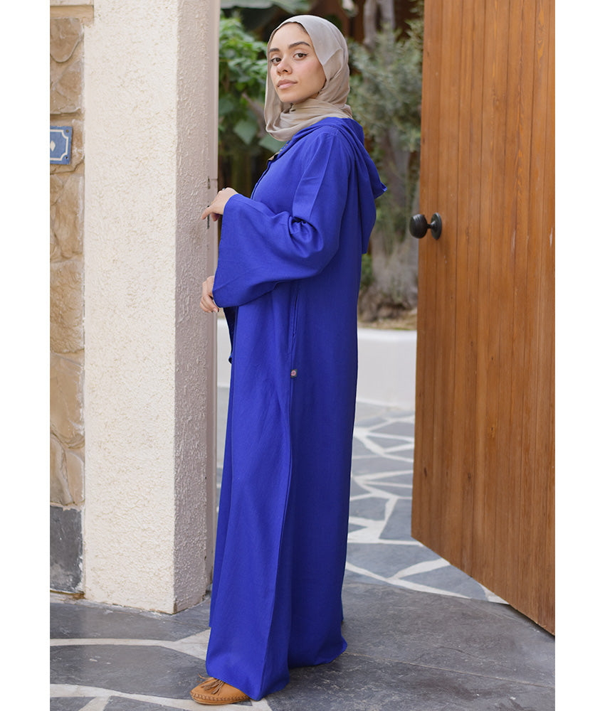 Electric Blue Linen Dress with Hoodie handmade in Egypt & available at Jozee Boutique.