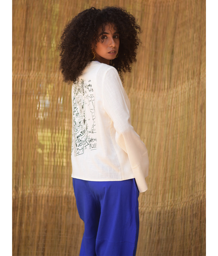 Off White Linen Printed El Mahrousa Wrap Jacket