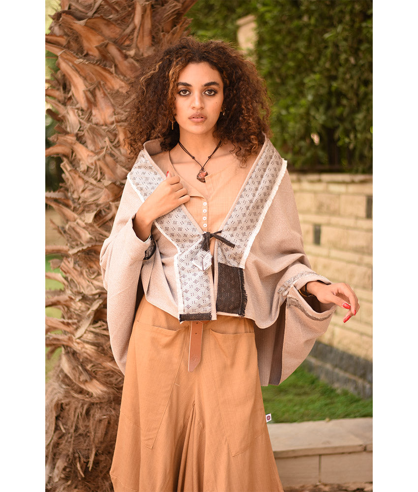 Beige Thin Wool Bolero with Silk & Cotton Loom Woven Patches handmade in Egypt & available at Jozee Boutique.