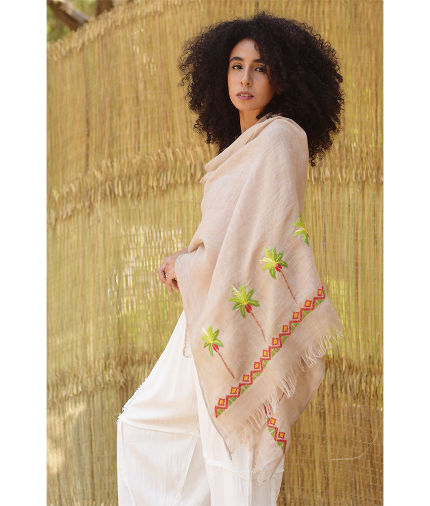 Beige Embroidered Linen Shawl – Palm