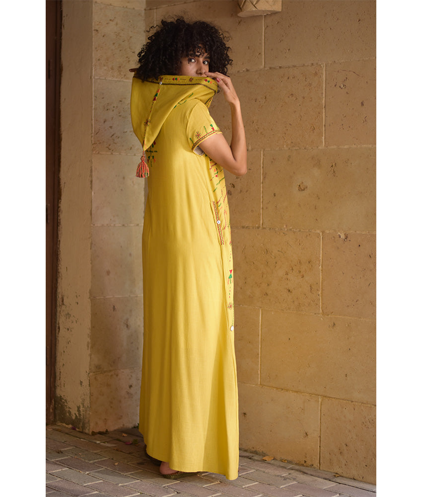 Mustard Siwa Heavily Embroidered Linen Dress with Hoodie handmade in Egypt & available at Jozee Boutique.