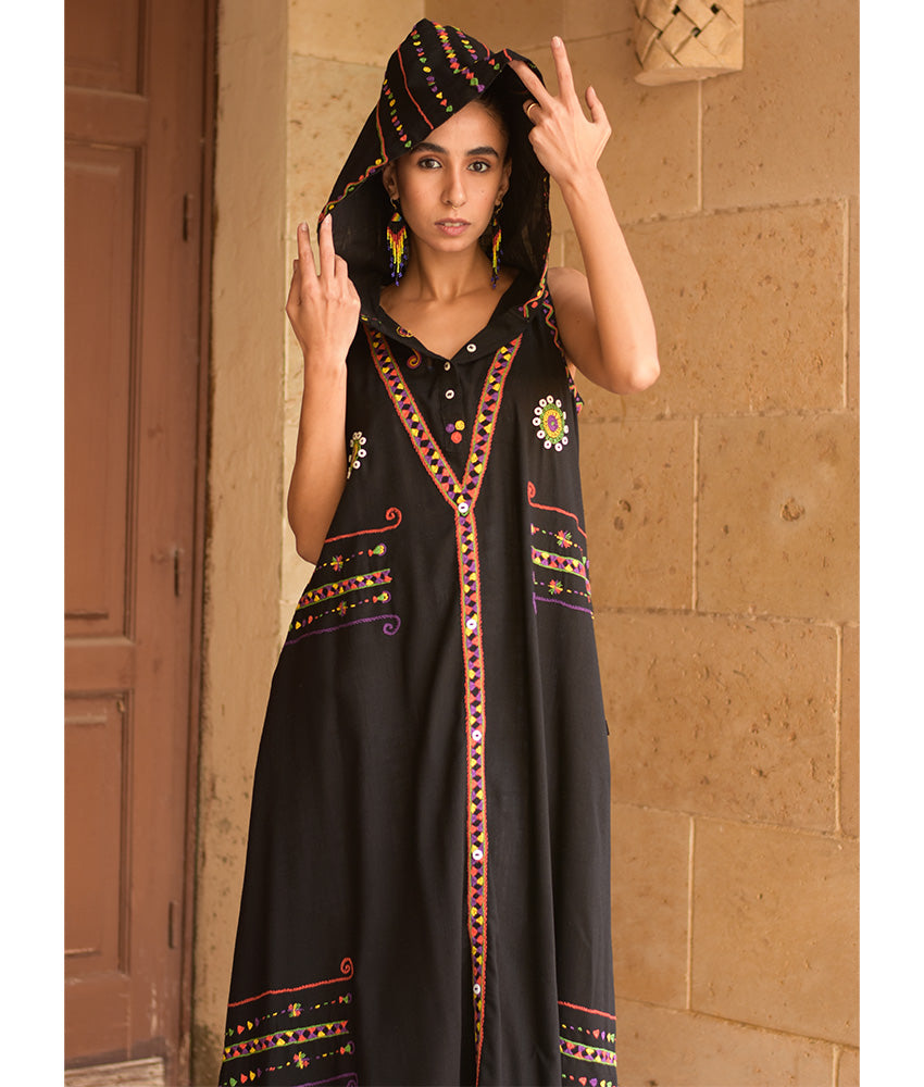 Black Siwa Embroidered Linen Dress with Hoodie handmade in Egypt & available at Jozee Boutique.
