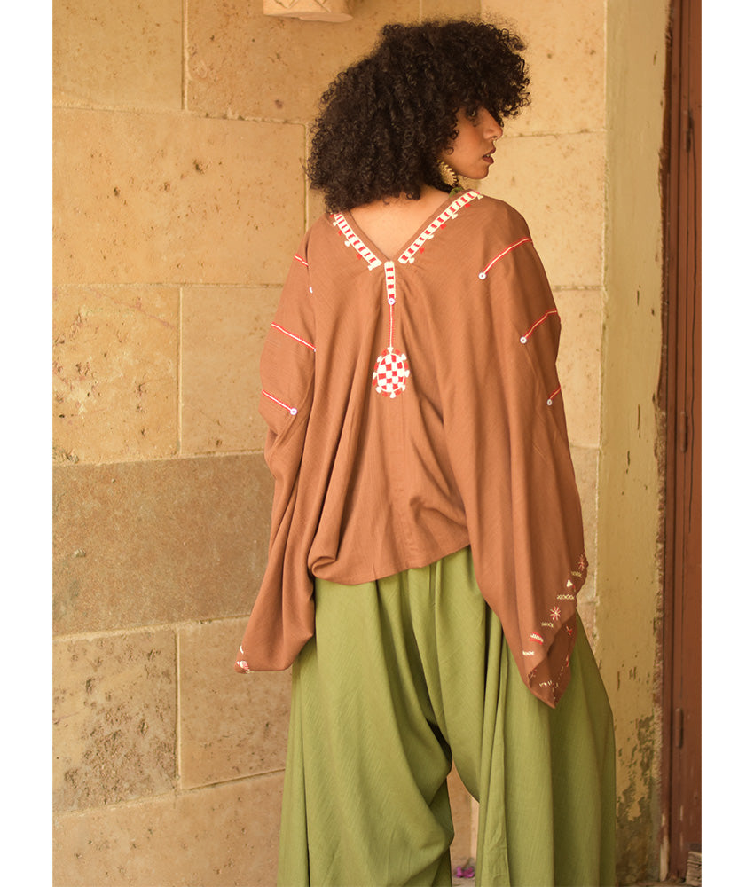 Cinnamon Brown Siwa Embroidered Linen Bolero made in Egypt & available at Jozee Boutique.