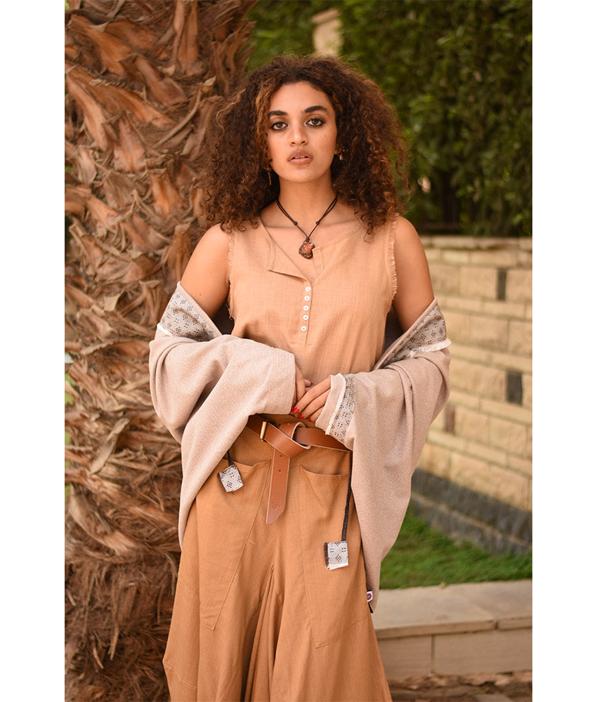 Beige Thin Wool Bolero with Silk & Cotton Loom Woven Patches handmade in Egypt & available at Jozee Boutique.