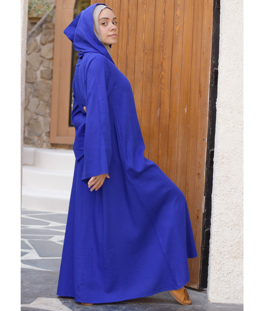 Electric Blue Linen Dress with Hoodie handmade in Egypt & available at Jozee Boutique.