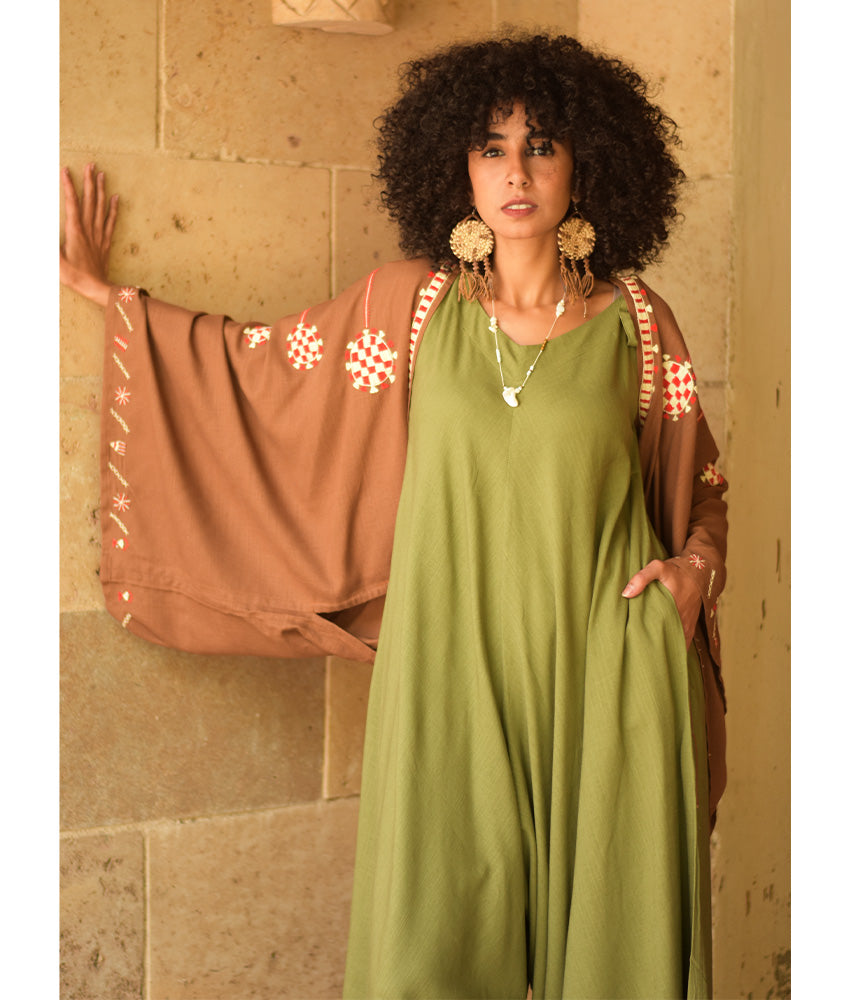 Cinnamon Brown Siwa Embroidered Linen Bolero made in Egypt & available at Jozee Boutique.