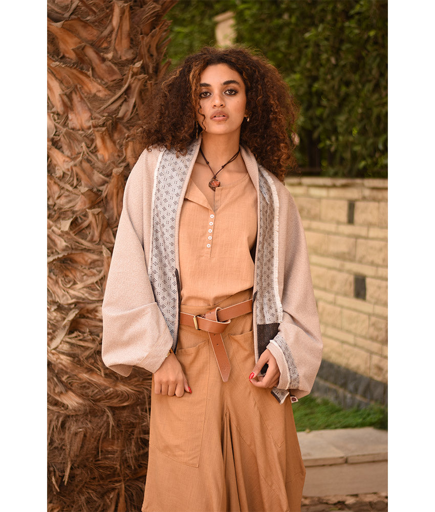 Beige Thin Wool Bolero with Silk & Cotton Loom Woven Patches handmade in Egypt & available at Jozee Boutique.