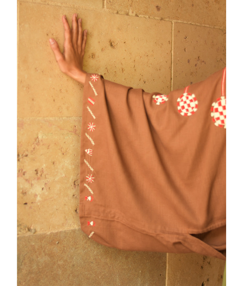 Cinnamon Brown Siwa Embroidered Linen Bolero made in Egypt & available at Jozee Boutique.