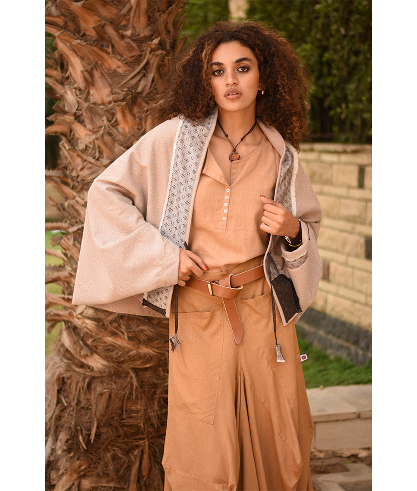 Beige Thin Wool Bolero with Silk & Cotton Loom Woven Patches handmade in Egypt & available at Jozee Boutique.