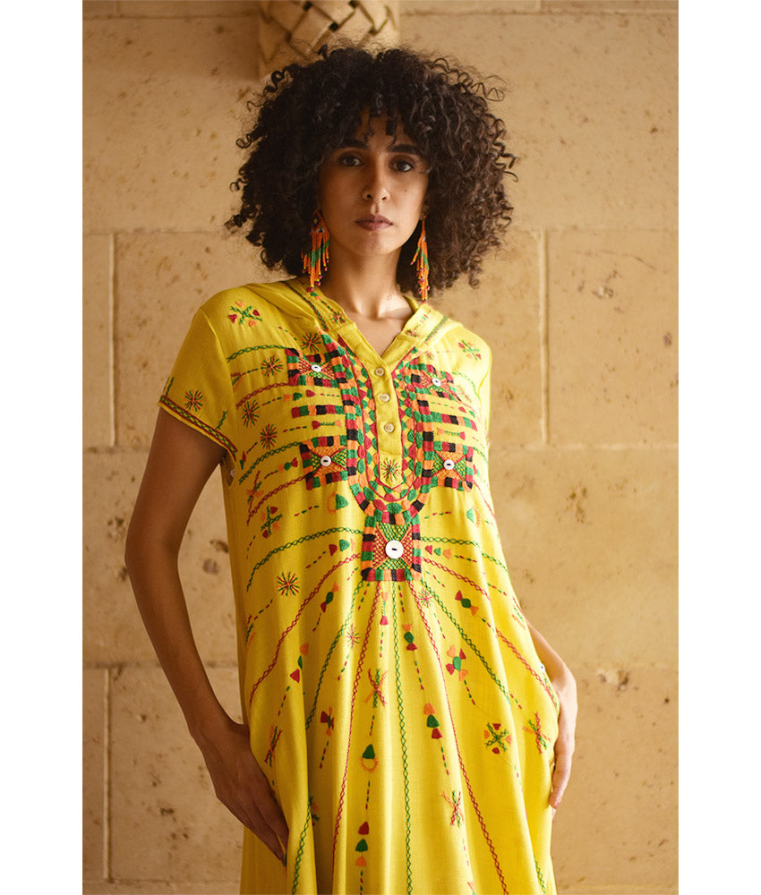 Mustard Siwa Heavily Embroidered Linen Dress with Hoodie handmade in Egypt & available at Jozee Boutique.