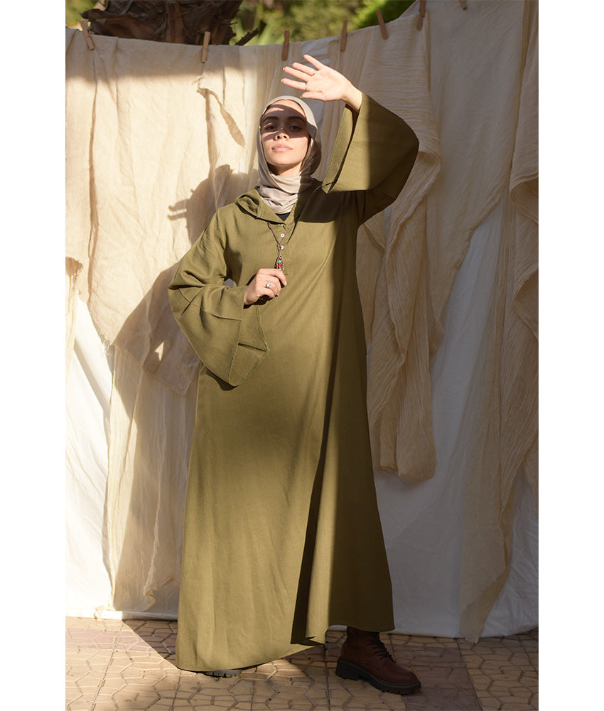 Army green Linen Dress with Hoodie handmade in Egypt & available at Jozee Boutique.