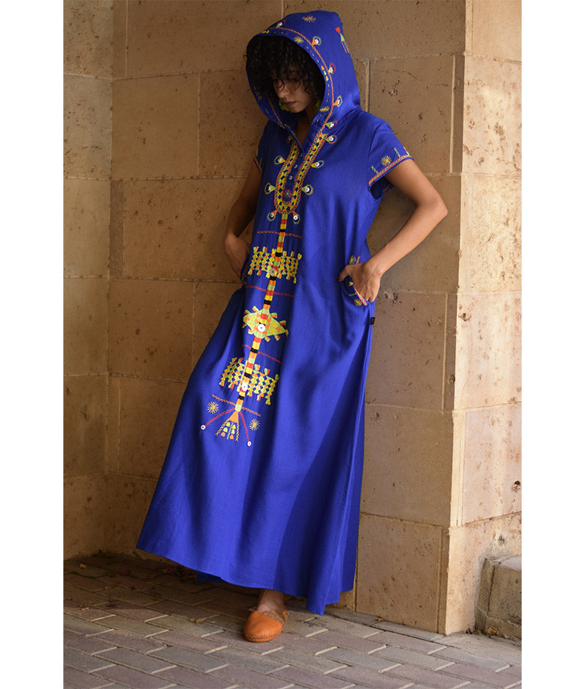 Electric Blue Siwa Heavily Embroidered Linen Dress with Hoodie handmade in Egypt & available at Jozee Boutique.