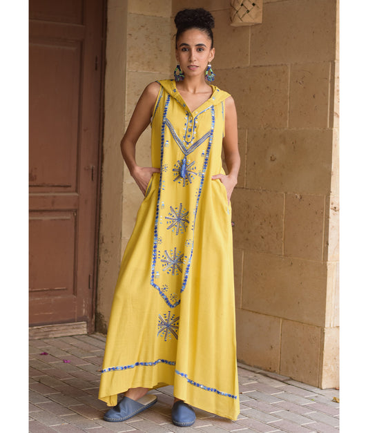 Mustard Siwa Embroidered Linen Dress with Hoodie handmade in Egypt & available at Jozee Boutique.