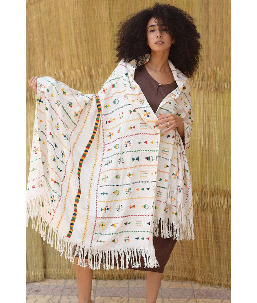 Off White Siwa Embroidered Linen Shawl - Louisa