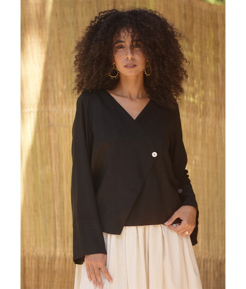 Black Linen Printed El Mahrousa Wrap Jacket