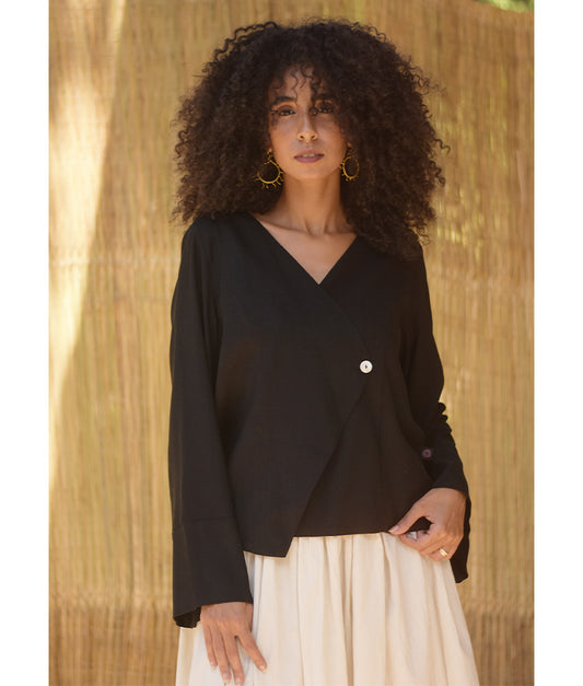 Black Linen Printed El Mahrousa Wrap Jacket
