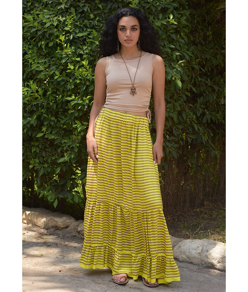 Yellow & Brown Handwoven Ruffle Skirt handmade in Egypt & available at Jozee Boutique.