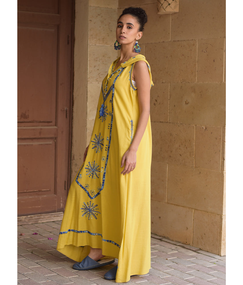 Mustard Siwa Embroidered Linen Dress with Hoodie handmade in Egypt & available at Jozee Boutique.