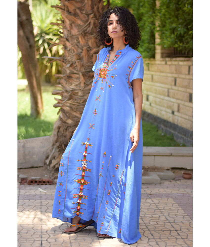 Denim Blue Siwa Embroidered Linen Japanese Dress handmade in Egypt & available at Jozee Boutique.