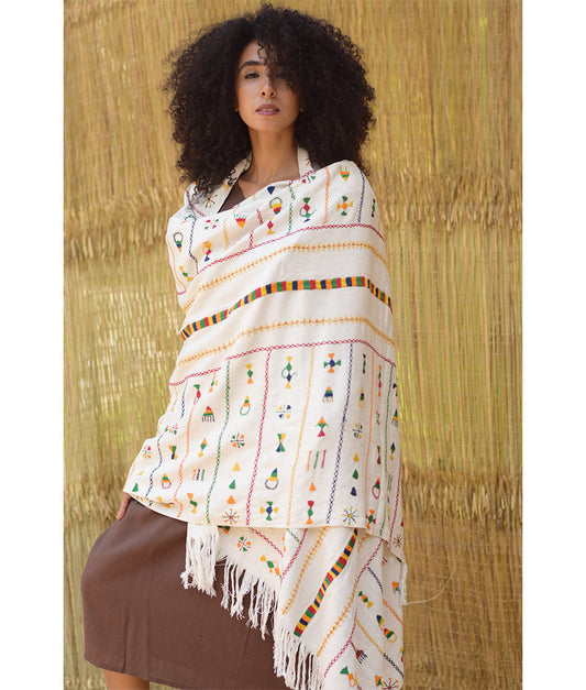 Off White Siwa Embroidered Linen Shawl - Louisa