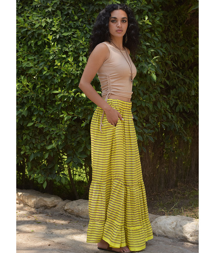 Yellow & Brown Handwoven Ruffle Skirt handmade in Egypt & available at Jozee Boutique.