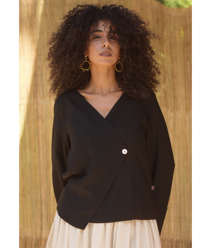 Black Linen Printed El Mahrousa Wrap Jacket