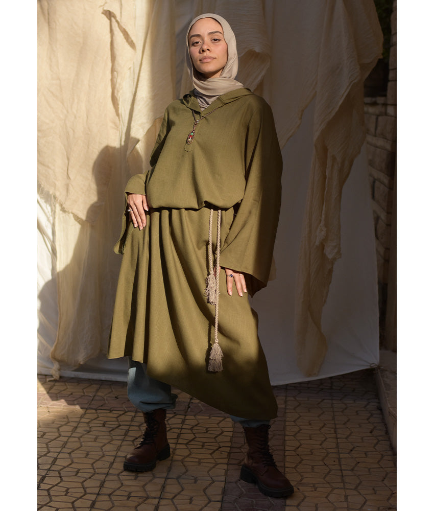 Army green Linen Dress with Hoodie handmade in Egypt & available at Jozee Boutique.