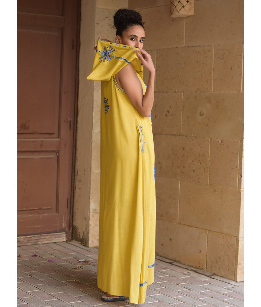 Mustard Siwa Embroidered Linen Dress with Hoodie handmade in Egypt & available at Jozee Boutique.