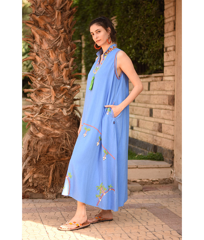 Denim Blue Siwa Embroidered Linen Japanese Dress handmade in Egypt & available at Jozee Boutique.