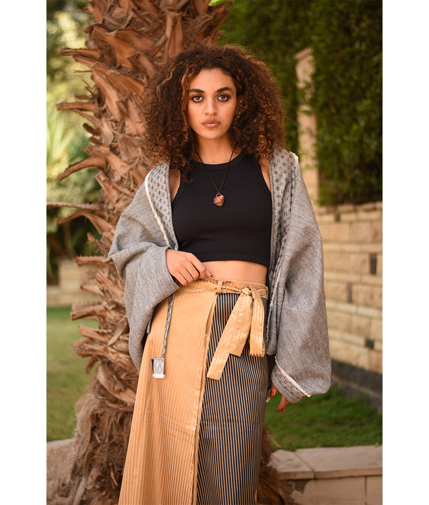Grey Thin Wool Bolero with Silk & Cotton Loom Woven Patches handmade in Egypt & available at Jozee Boutique.