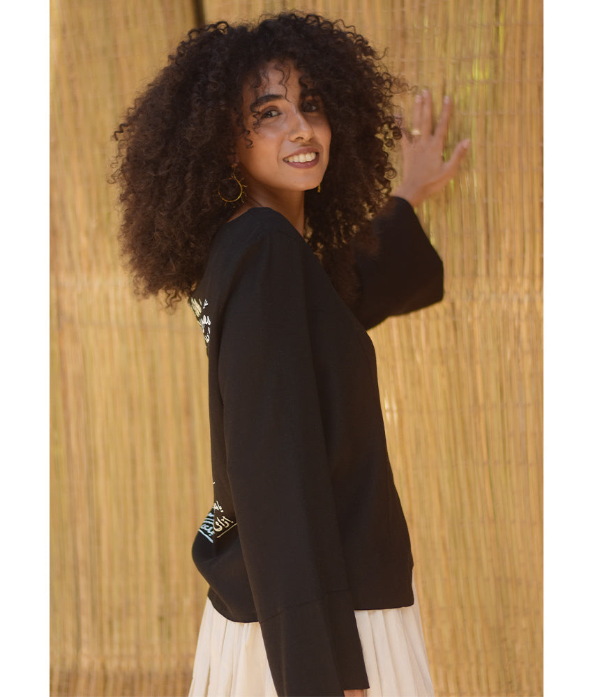 Black Linen Printed El Mahrousa Wrap Jacket