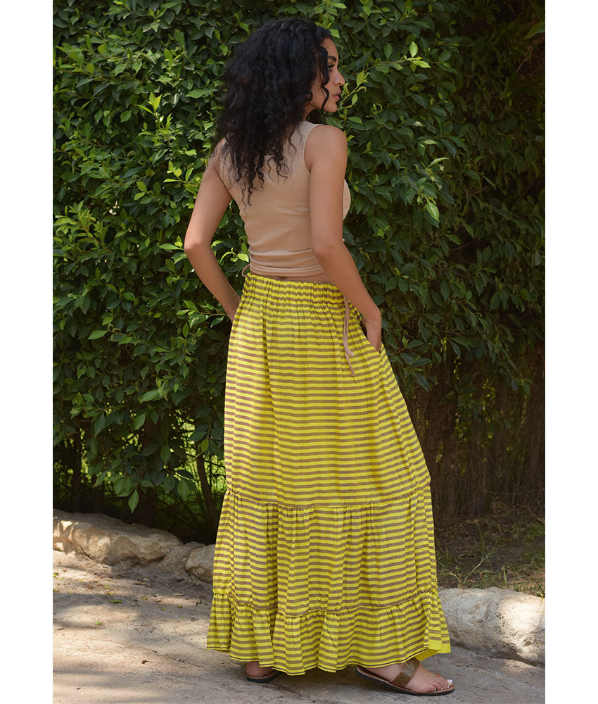 Yellow & Brown Handwoven Ruffle Skirt handmade in Egypt & available at Jozee Boutique.