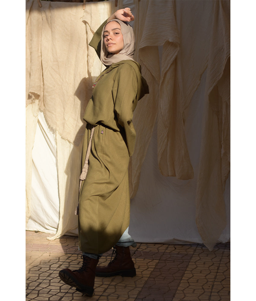Army green Linen Dress with Hoodie handmade in Egypt & available at Jozee Boutique.