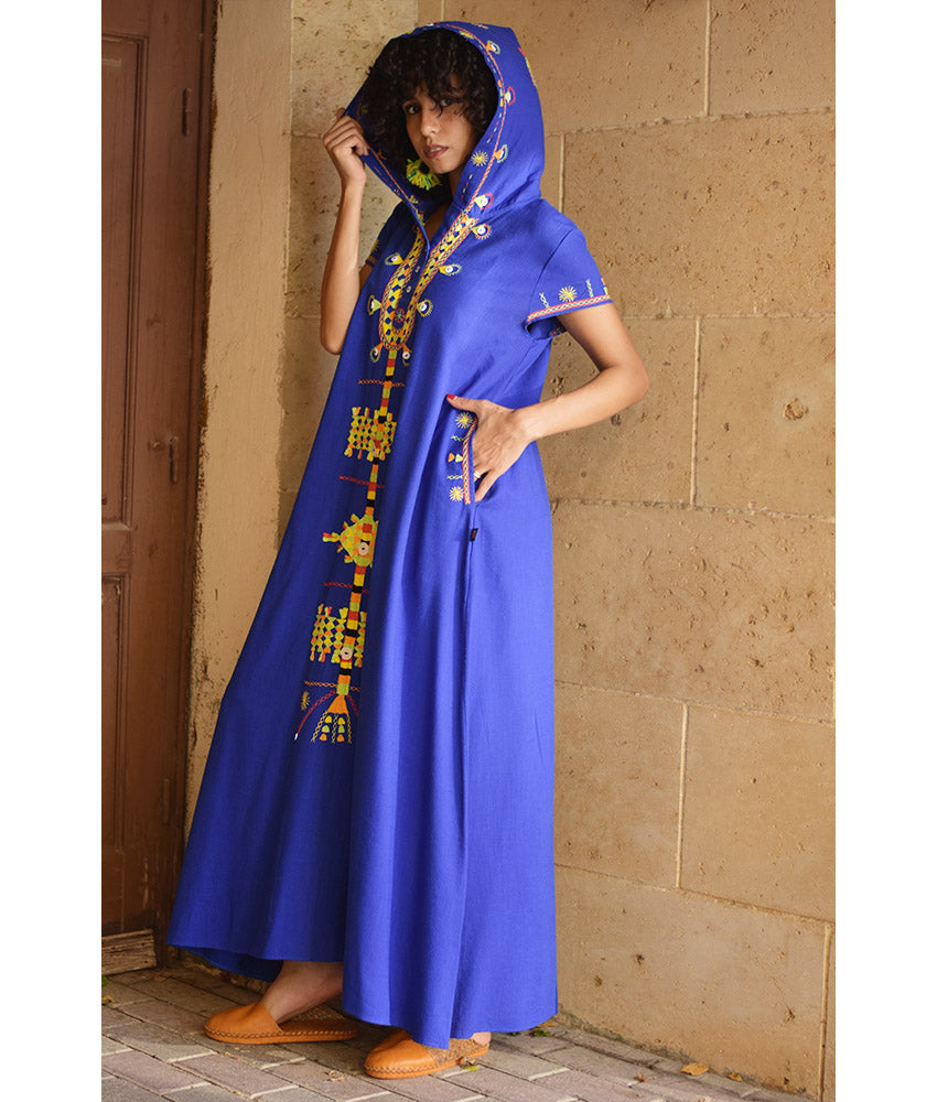 Electric Blue Siwa Heavily Embroidered Linen Dress with Hoodie handmade in Egypt & available at Jozee Boutique.