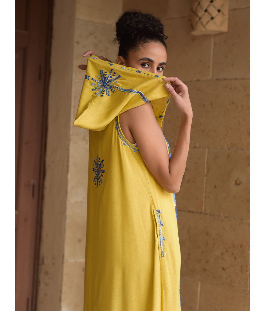 Mustard Siwa Embroidered Linen Dress with Hoodie handmade in Egypt & available at Jozee Boutique.