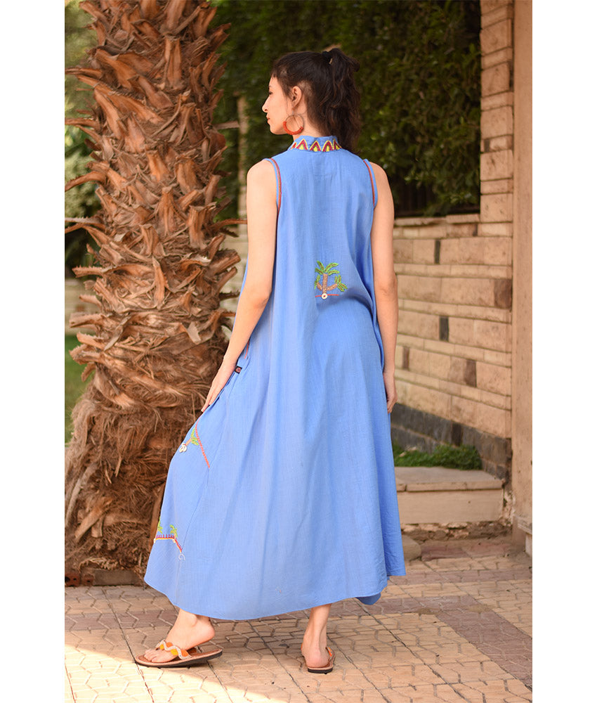 Denim Blue Siwa Embroidered Linen Japanese Dress handmade in Egypt & available at Jozee Boutique.