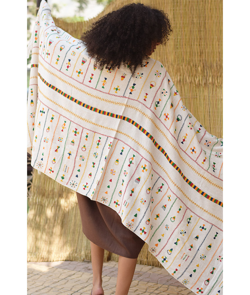 Off White Siwa Embroidered Linen Shawl - Louisa
