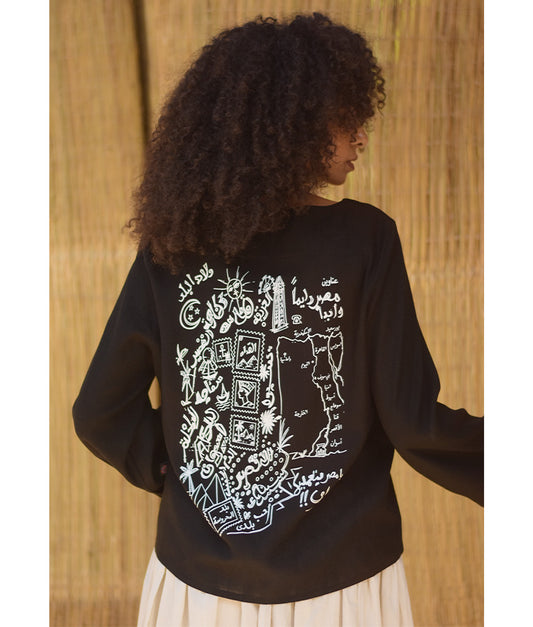 Black Linen Printed El Mahrousa Wrap Jacket