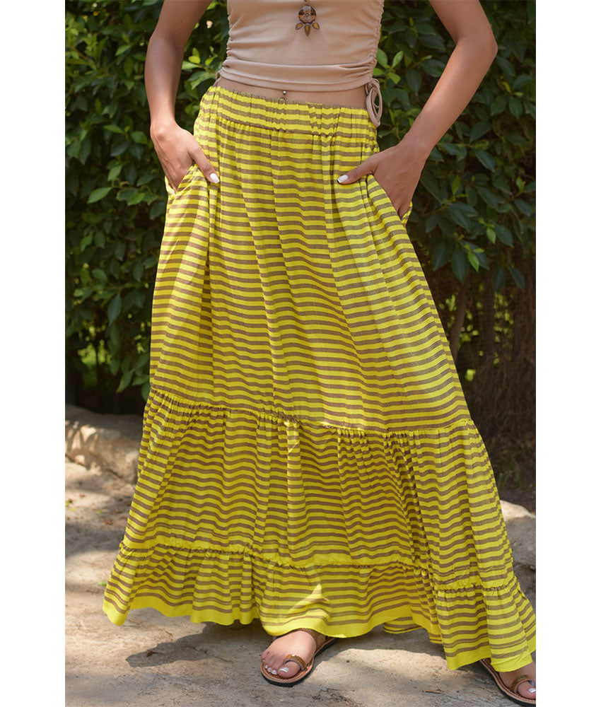 Yellow & Brown Handwoven Ruffle Skirt handmade in Egypt & available at Jozee Boutique.