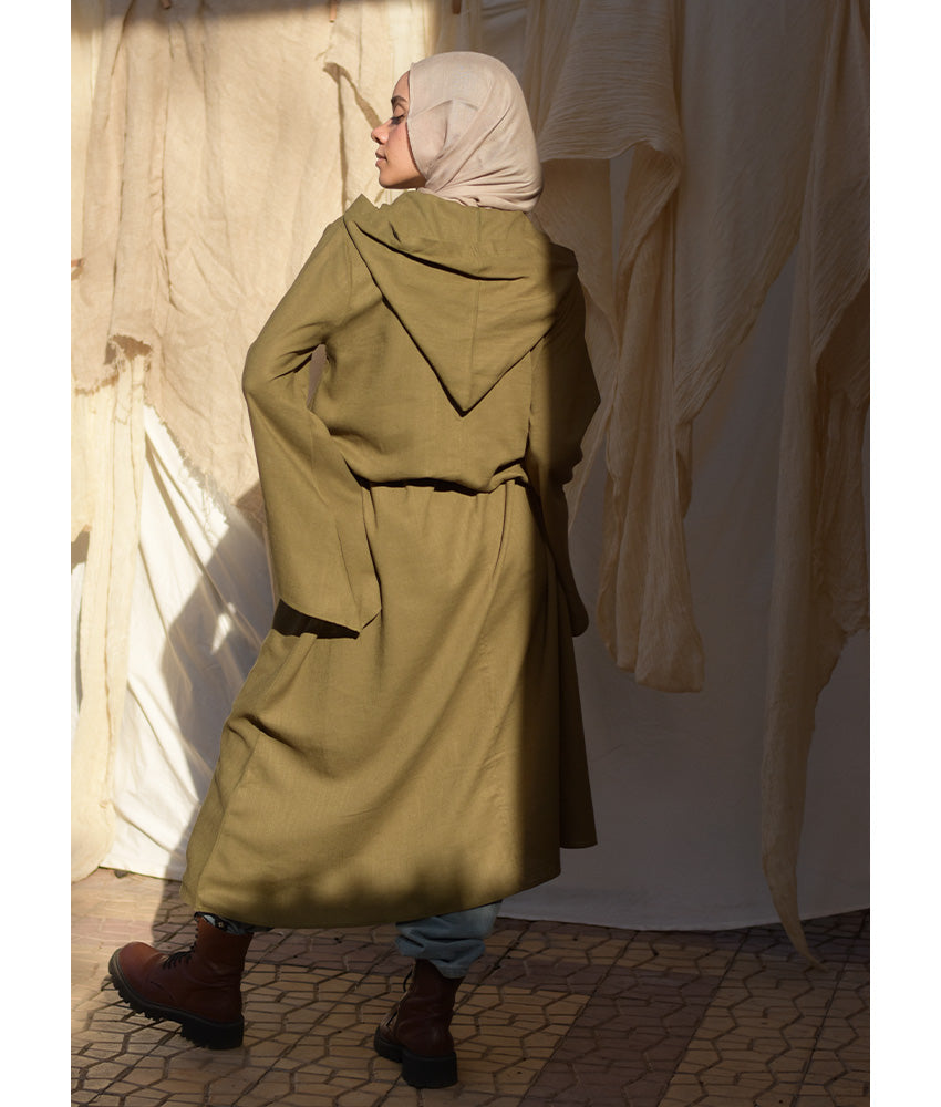 Army green Linen Dress with Hoodie handmade in Egypt & available at Jozee Boutique.