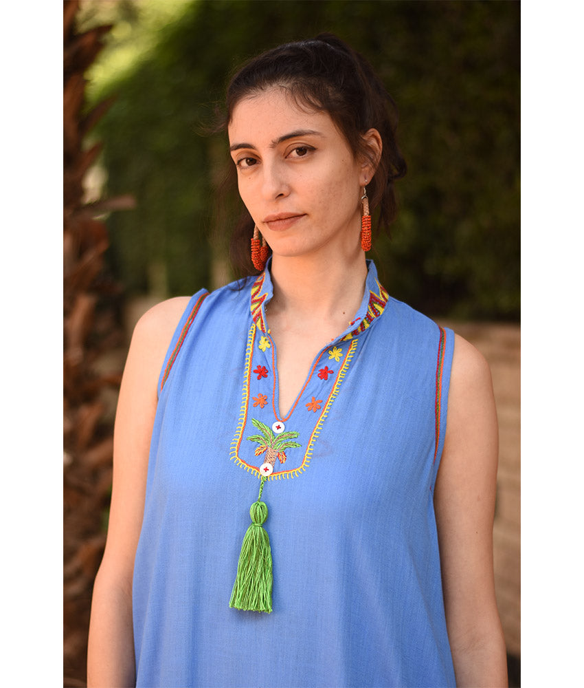 Denim Blue Siwa Embroidered Linen Japanese Dress handmade in Egypt & available at Jozee Boutique.